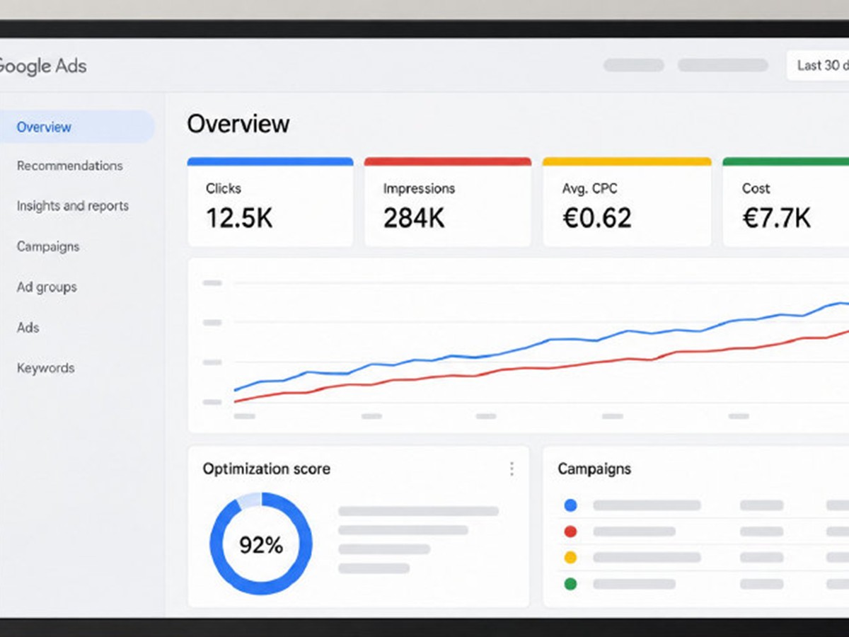 A Google Ads overview dashboard on a monitor