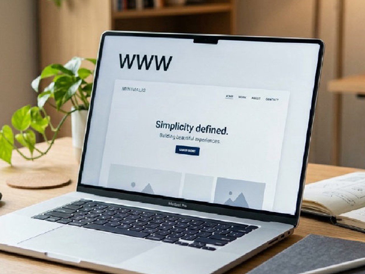 Een laptop met een strakke website op een houten bureau