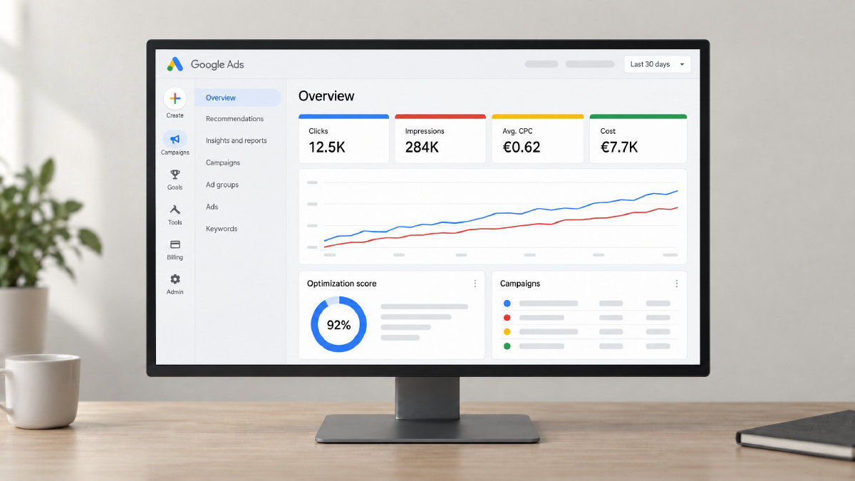 A Google Ads overview dashboard on a monitor