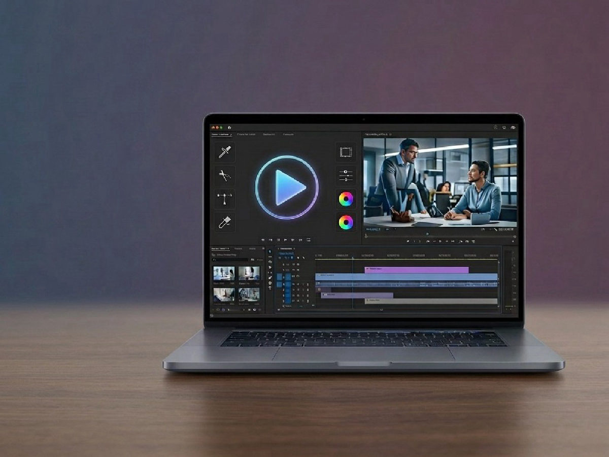 Een laptop met een videobewerkingsprogramma, met op het scherm twee mensen in een kantoor.