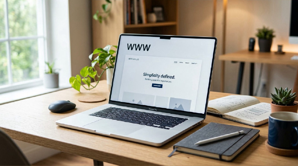 A laptop showing a clean website on a wooden desk